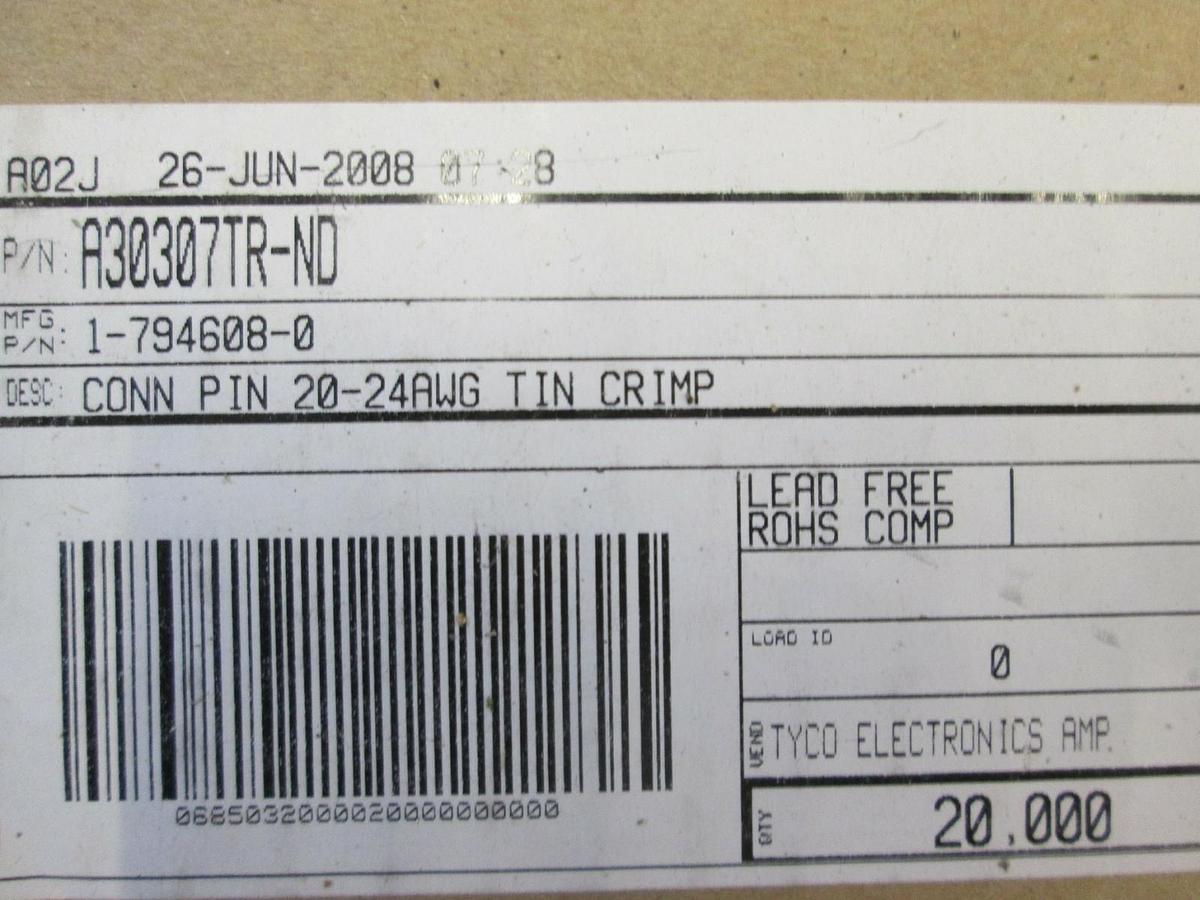 Tyco, 1-0794608-0, Connector Pin 20-24 AWG Tin Crimp, Used, Lot of 10000