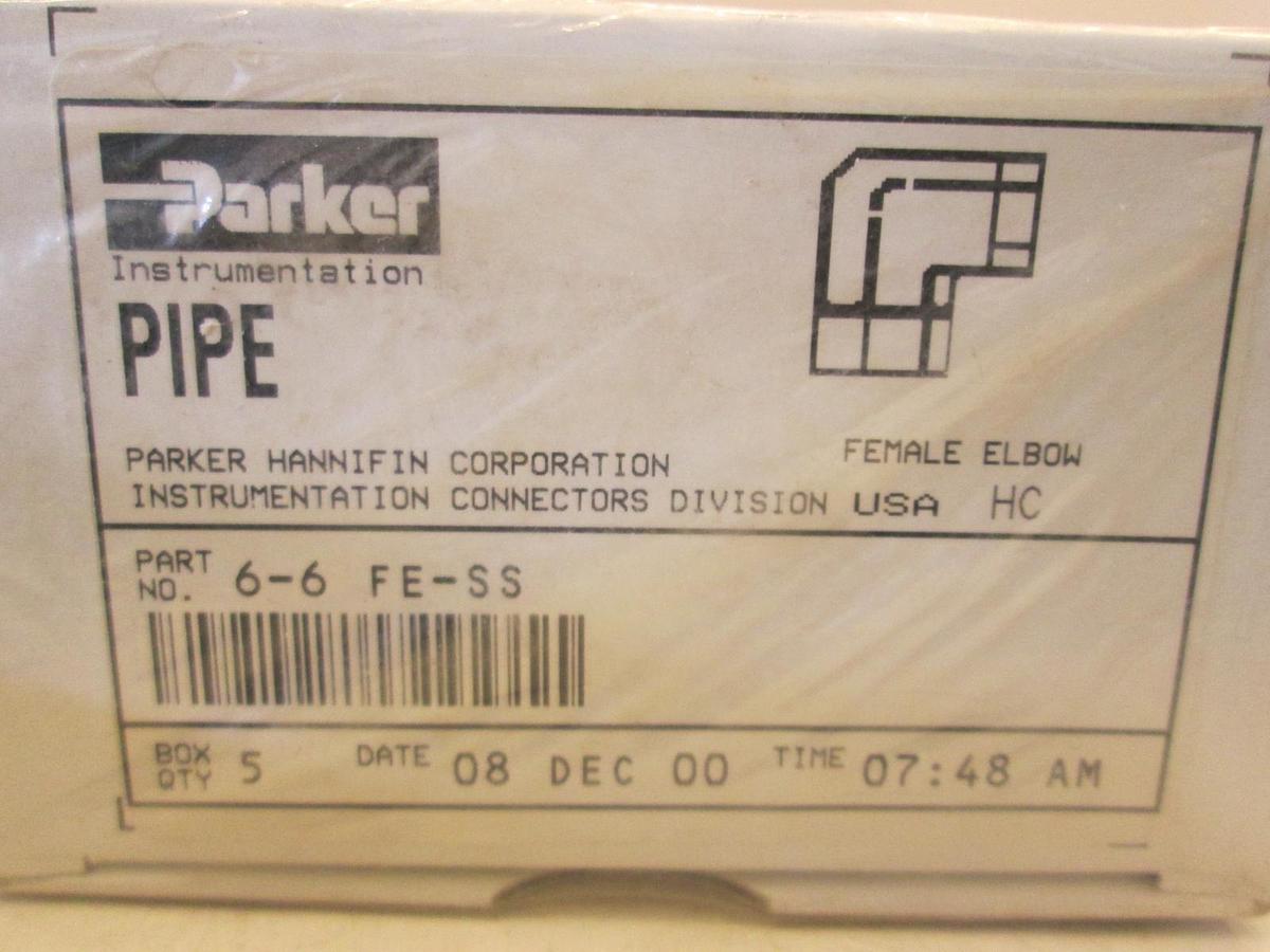 Parker, 6-6 FE-SS, Female Elbow Pipe Fitting Box of 5, New, Original Packaging