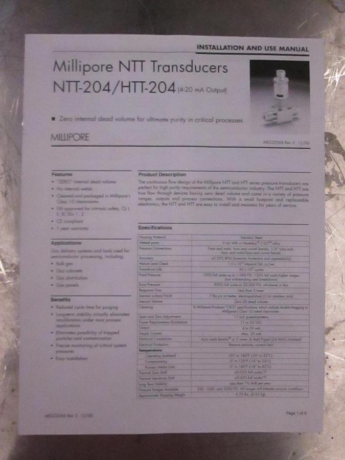 Used Millipore NTT Transducer NTT-204/HTT-204 Installation and Use Manual, Used