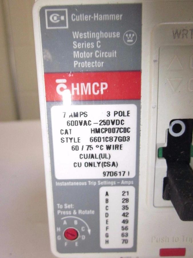 Used CUTLER HAMMER Motor Circuit Protector HMCP007C0C, 7A, 3P