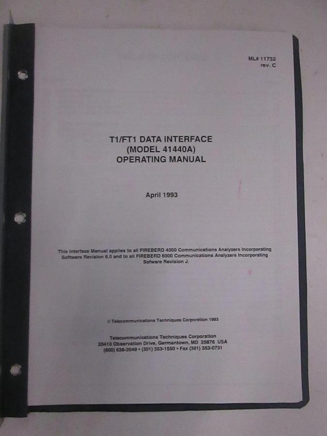 Used TTC T1/FT1 Data Interface Model 41440A Operating Manual, Used