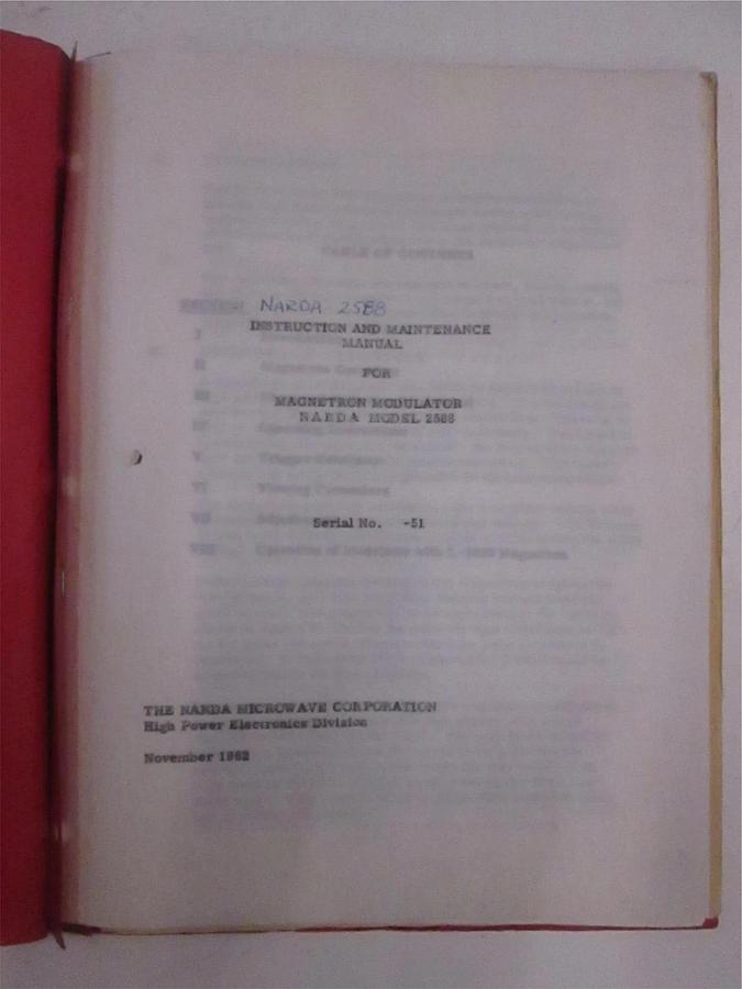 Used Narda 2588 Magnetron Modulator Instruction and Maintenance Manual, Used