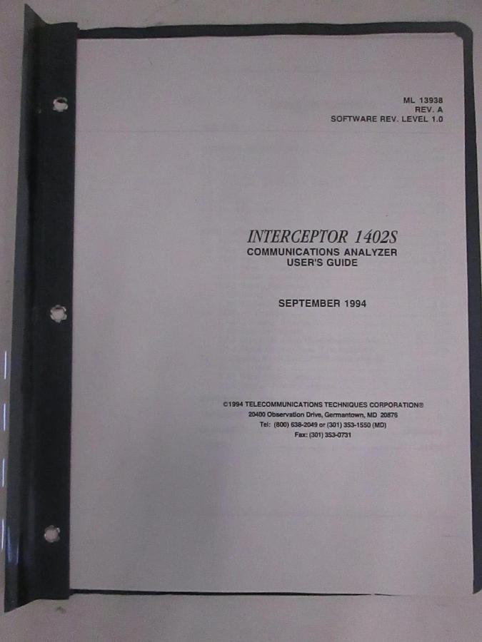 Used TTC Interceptor 1402S Communications Analyzer User's Guide, Used