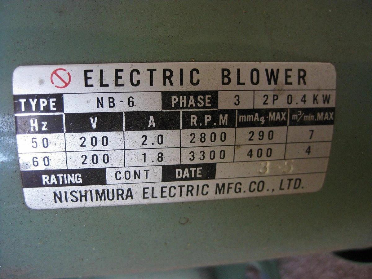 Used Nishimura Electric Blower NB-6, 3 Phase, 3300 RPM, Used, TEL vertical furnace