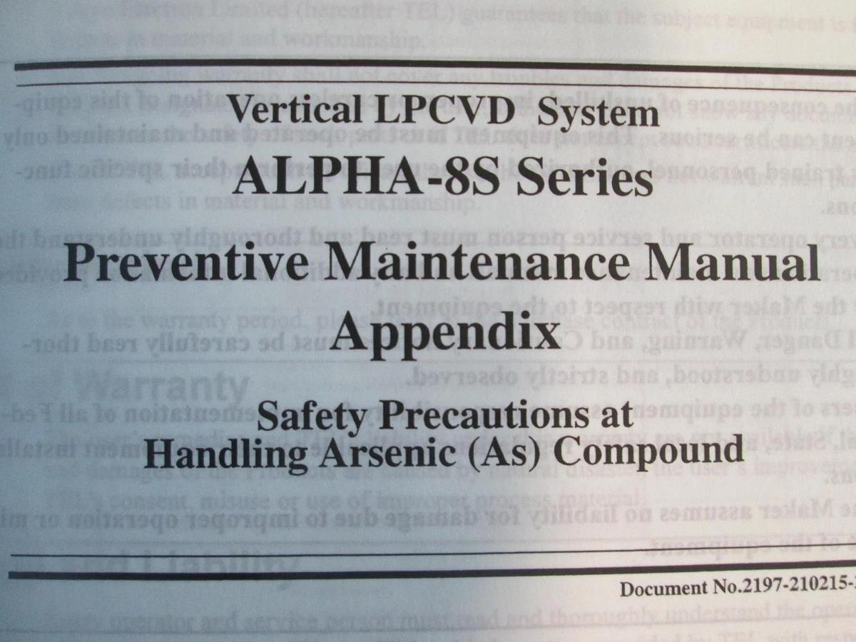 Used Tokyo Electron, ALPHA-8S-E Vertical LP-CVD, Preventative Maintence Manual, Used