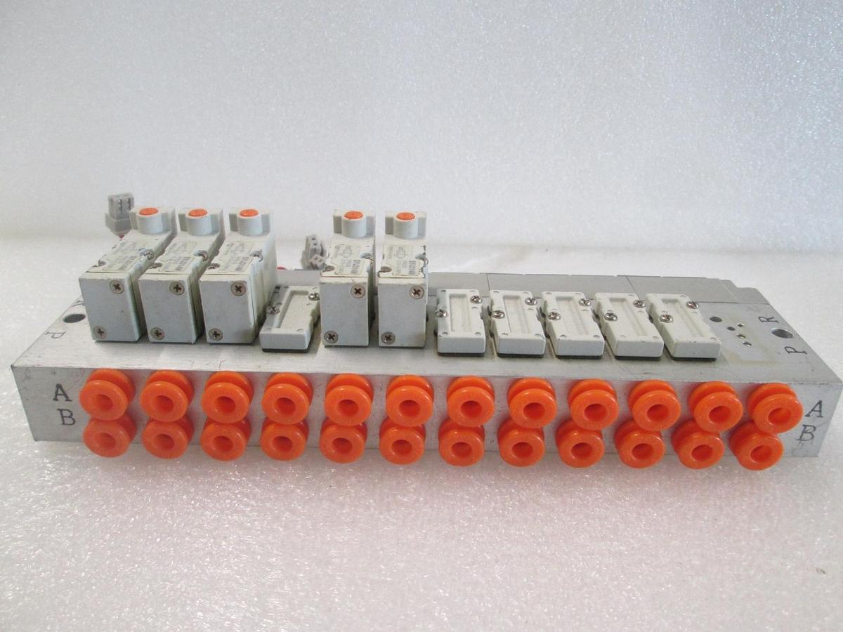 Used SMC, SYJ314M, 3 Port Solenoid Valve Assy w/ Block, 5 Valve, Used
