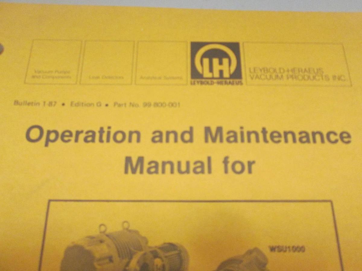 Used Leybold, Operation and Maintenance Manual for RUVAC WA/WAU Pumps, Used