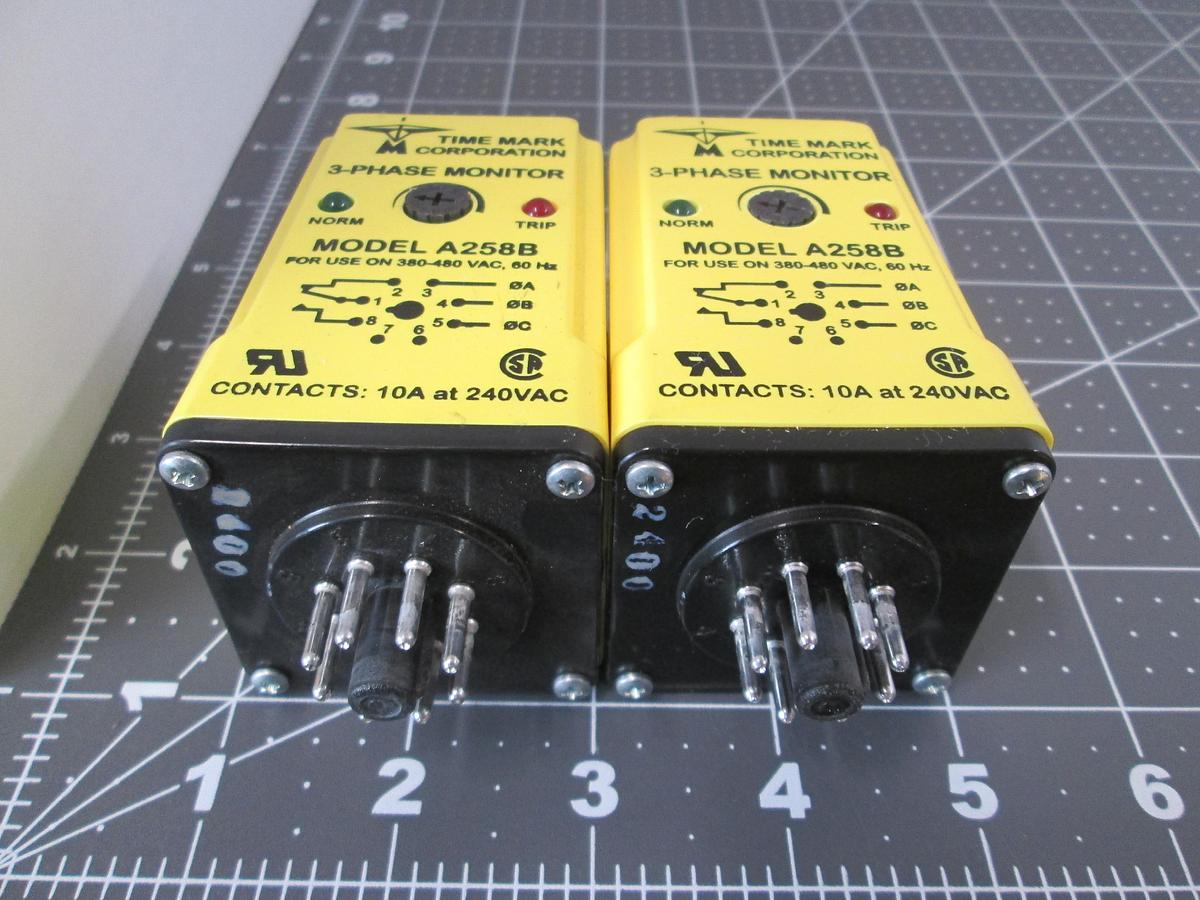 Used Time Mark, A258B, 3-Phase Monitor Relay, 380-480VAC 60Hz 10A, Lot of 2