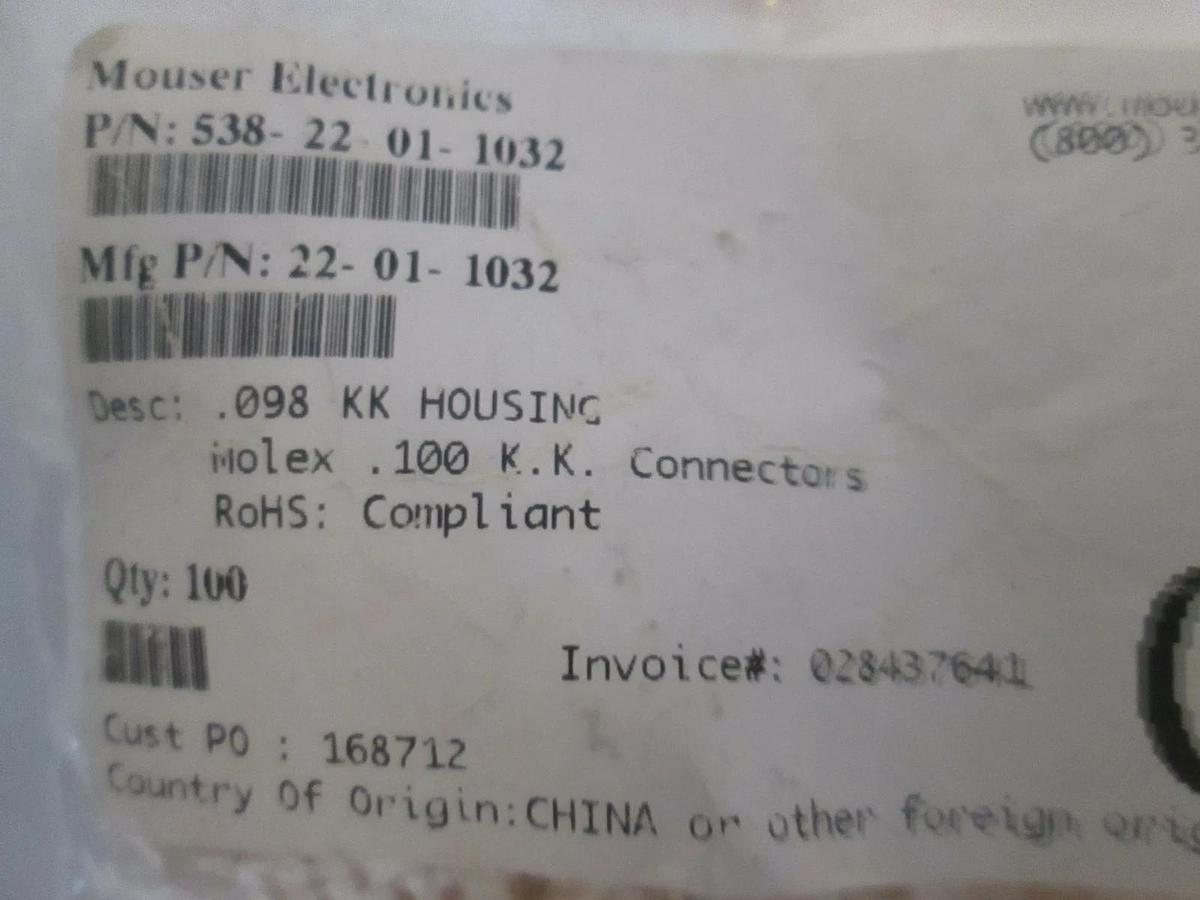 Mouser Electronics Female KK Connector, .098 KK Housing, New Lot of 100