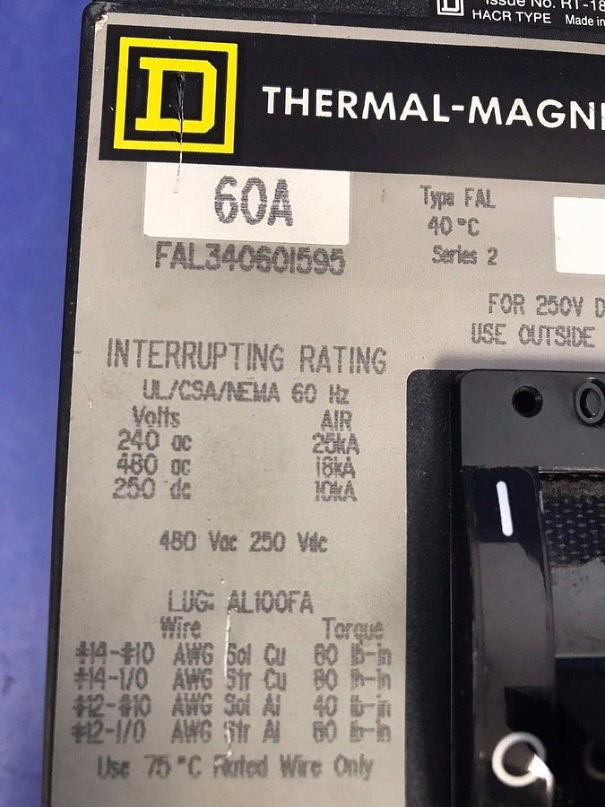 Used Square D FAL340601595 Thermal-Magnetic Circuit Breaker, 60A, Used
