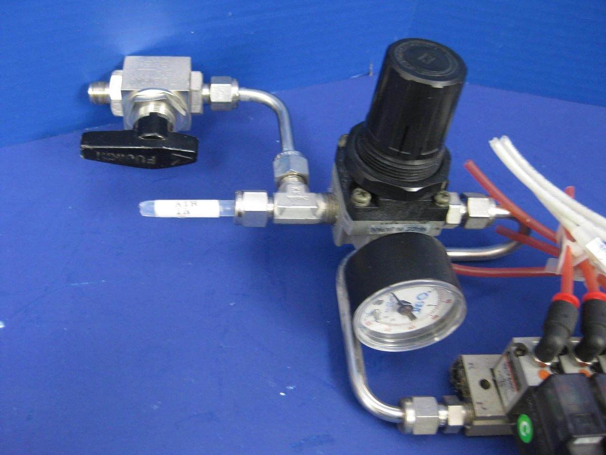 Used SMC 10-VZ110 Valve Assembly w/ 24 Valves, 2 Manifolds, Regulator, Press. Switch