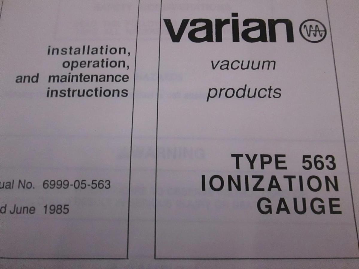 Used Varian Type 563 Ionization Gauge Installation Instruction Manual, Used