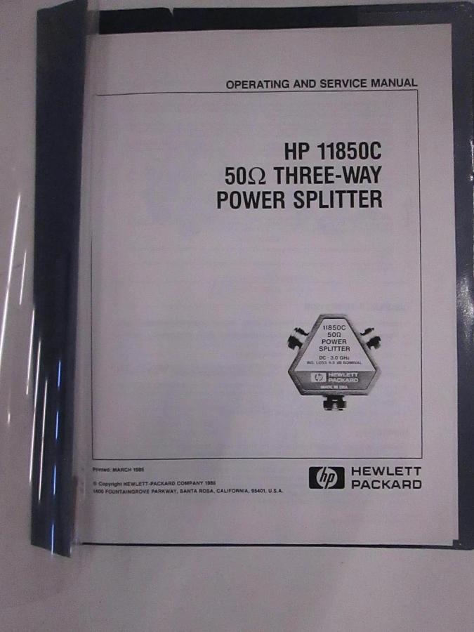 Used HP 11850C 50 Three-Way Power Splitter, Operating and Service Manual, Used
