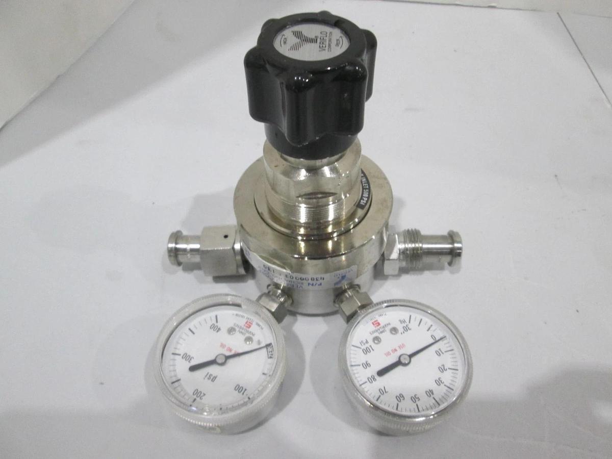 Used Veriflo, 43800003 130, 4 Port Regulator w/ 0-400 and 30-0-100 PSI Gauges, Used