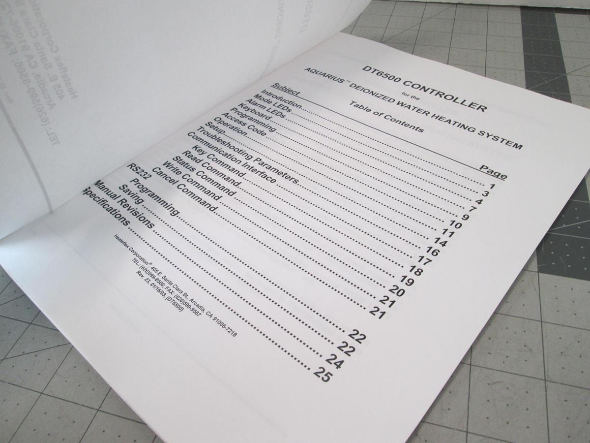 Used Heateflex Corp., DT6500 Controller, Aquarius Deionized Water Heating System Manual, Used