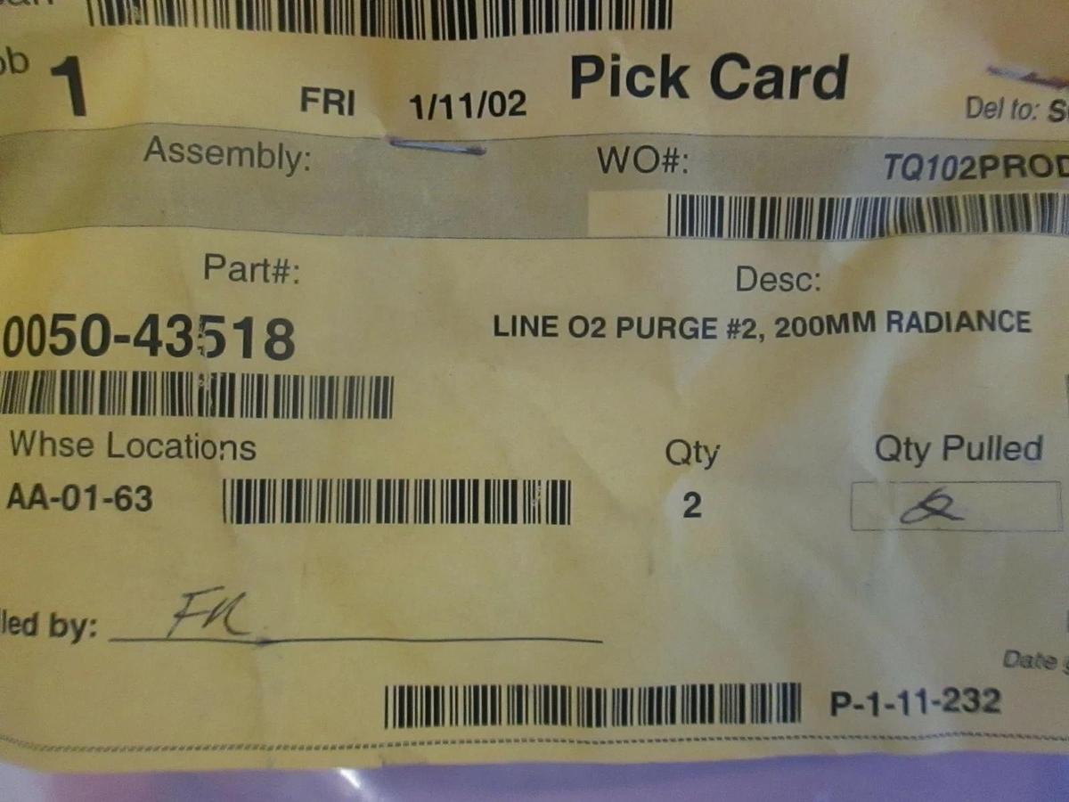 AMAT, 0050-43518, Line O2 Purge #2, 200MM Radiance, New, Lot of 2