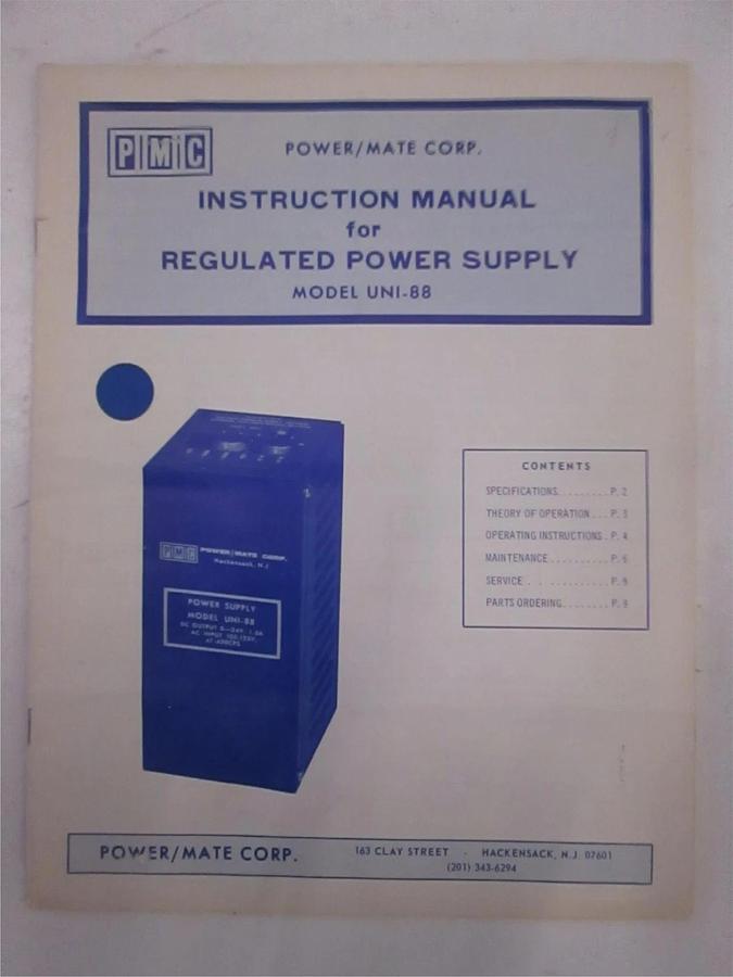 Used PMC Model UNI-88 Regulated Power Supply Instruction Manual, Used