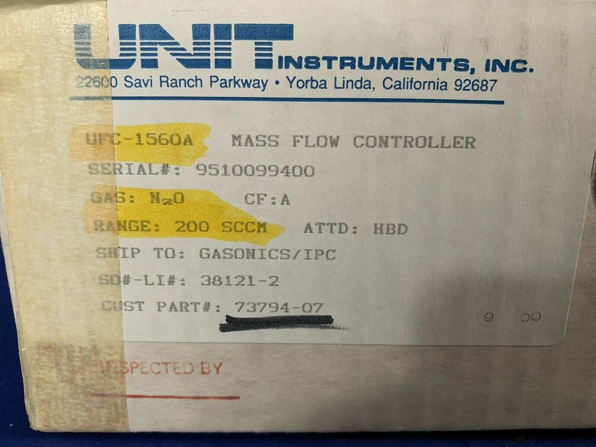 Used Unit UFC-1560A, MFC, Mass Flow Controller, N2O, 200 SCCM, 1/4" VCR, Used