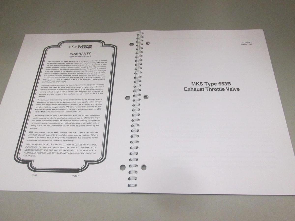 Used MKS, Type 653B Exhaust Throttle Valve Instruction Manual, 117082-P1, Used