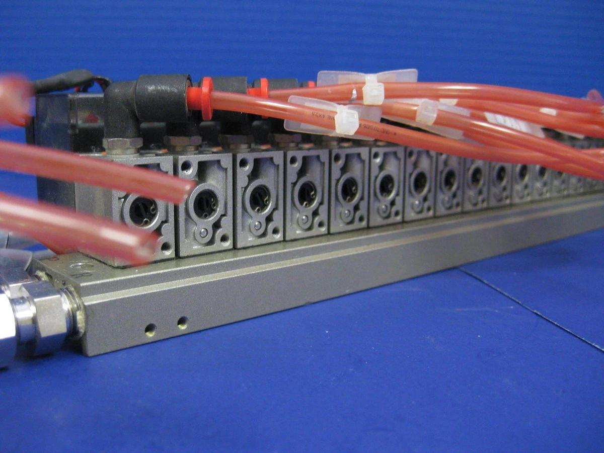 Used SMC 10-VZ110 Valve Assembly w/ 24 Valves, 2 Manifolds, Regulator, Press. Switch