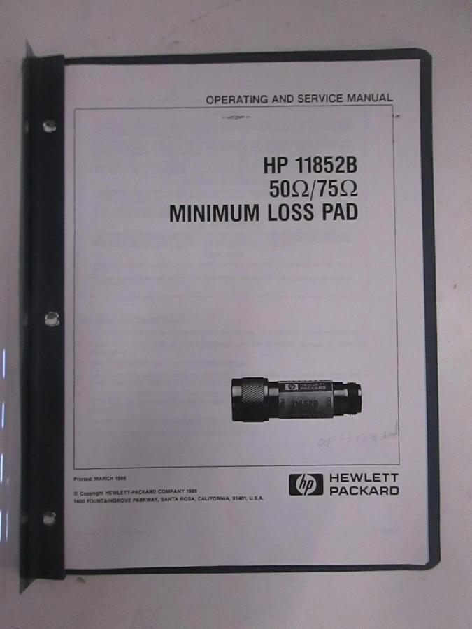 Used HP 11852A Minimum Loss Pad, Operating and Service Manual, Used