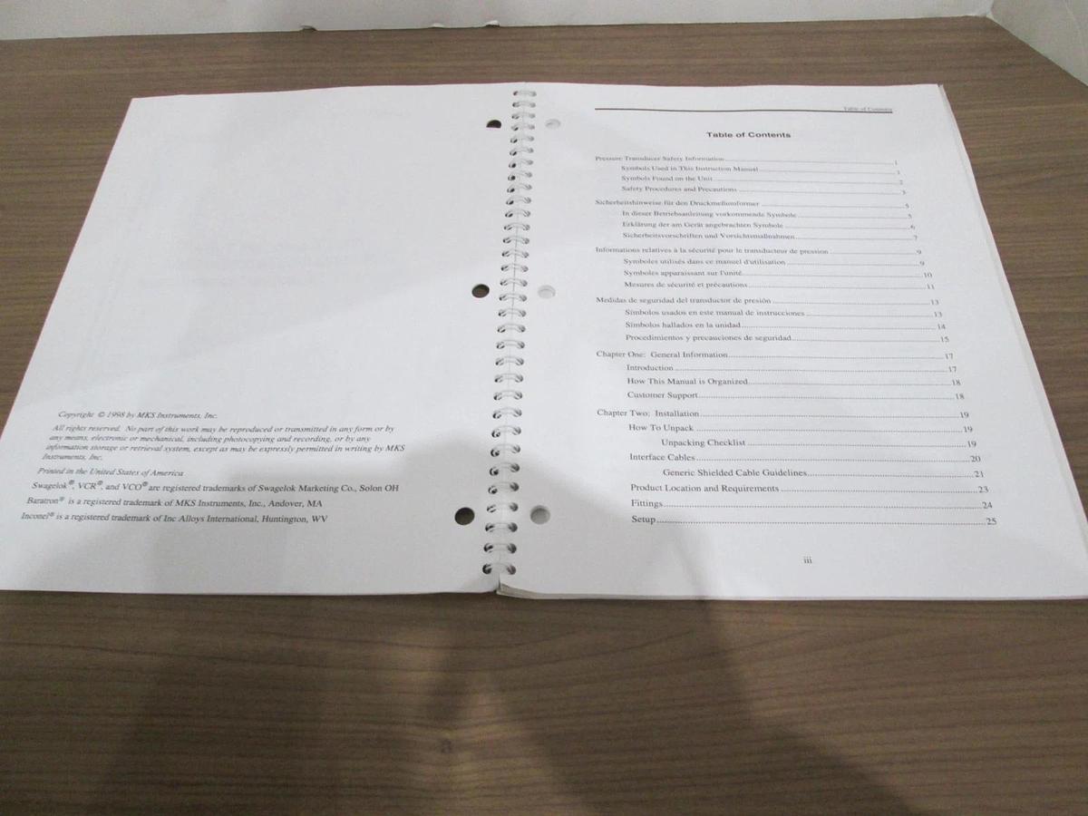 Used MKS, 622A/626A/627A/628A, Baratron Pressure Transducer Instruction Manual, Used