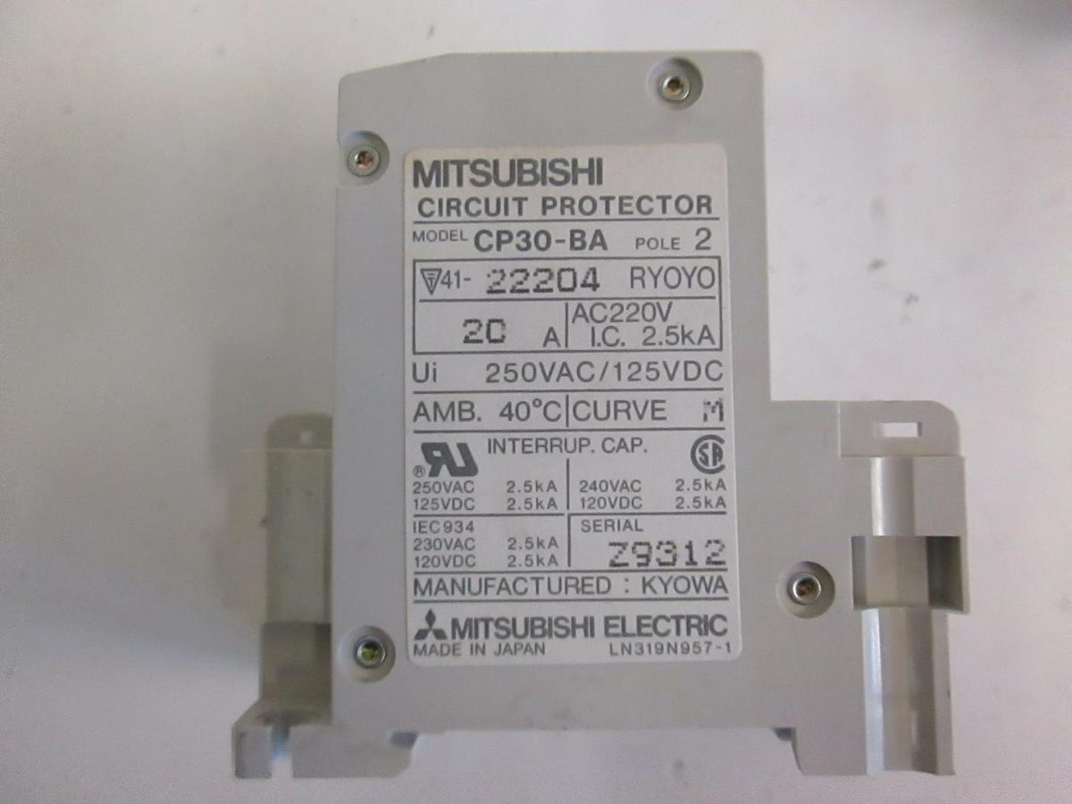 Used Mitsubishi Circuit Protector CP30-BA, 20A, 250VAC/125VDC, 2 Pole, Used, Lot of 3