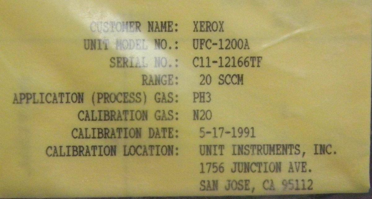 Used Unit UFC-1200A, Mass Flow Controller, Gas- PH3, Range- 20 SCCM, 1/4" M I/O