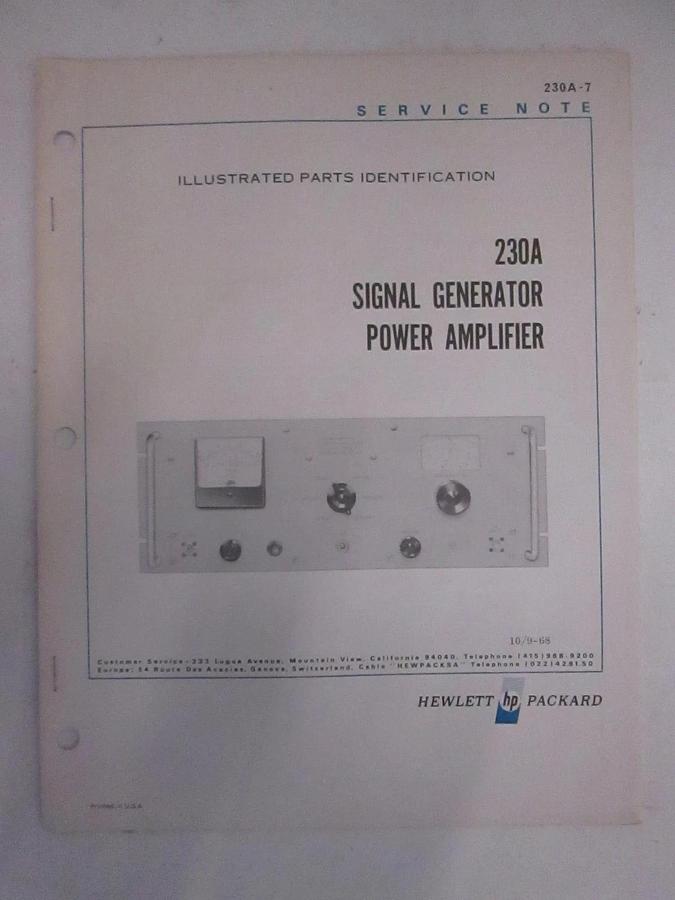 Used HP 230A Signal Generator Power Amplifier Service Note, Used