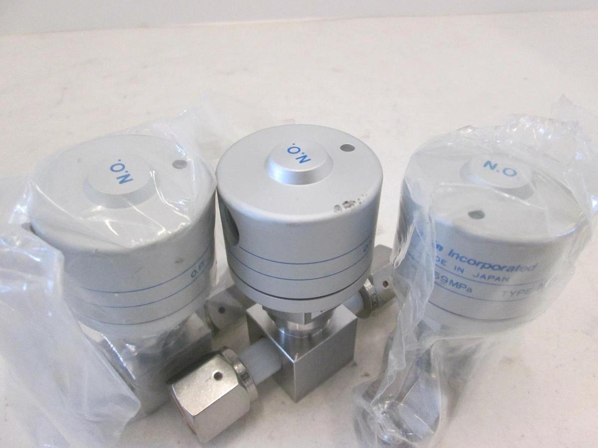 Used Fujikin, O.P. .34 -.69 MPa Pneumatic Valve, N.O, 316L, 1/4 FVCR, Used, Lot of 3