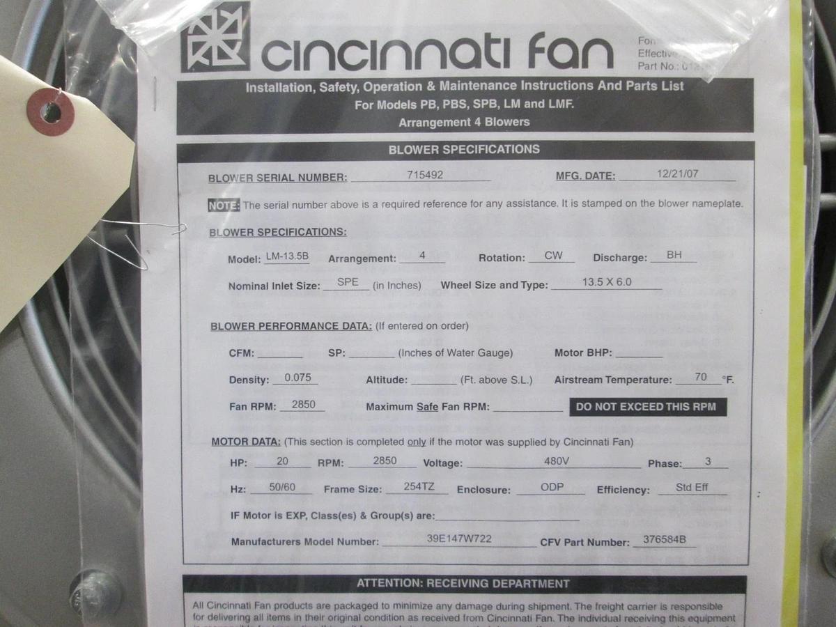 Baldor, Cincinnati Fan, LM-13.5B, 480V, 3 Phase, 2850 RPM, 20 HP, new