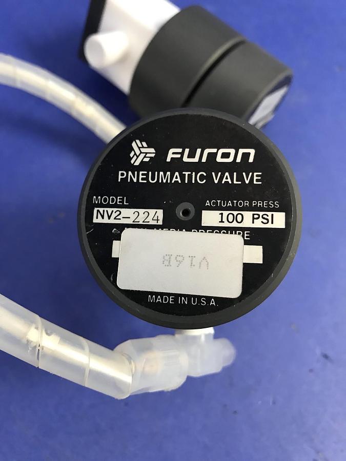 Used Furon NV2-224 HP NO/NC Pneumatic Valve 1/4",60 psi, 100 psi, w/ Tubing, Lot of 2