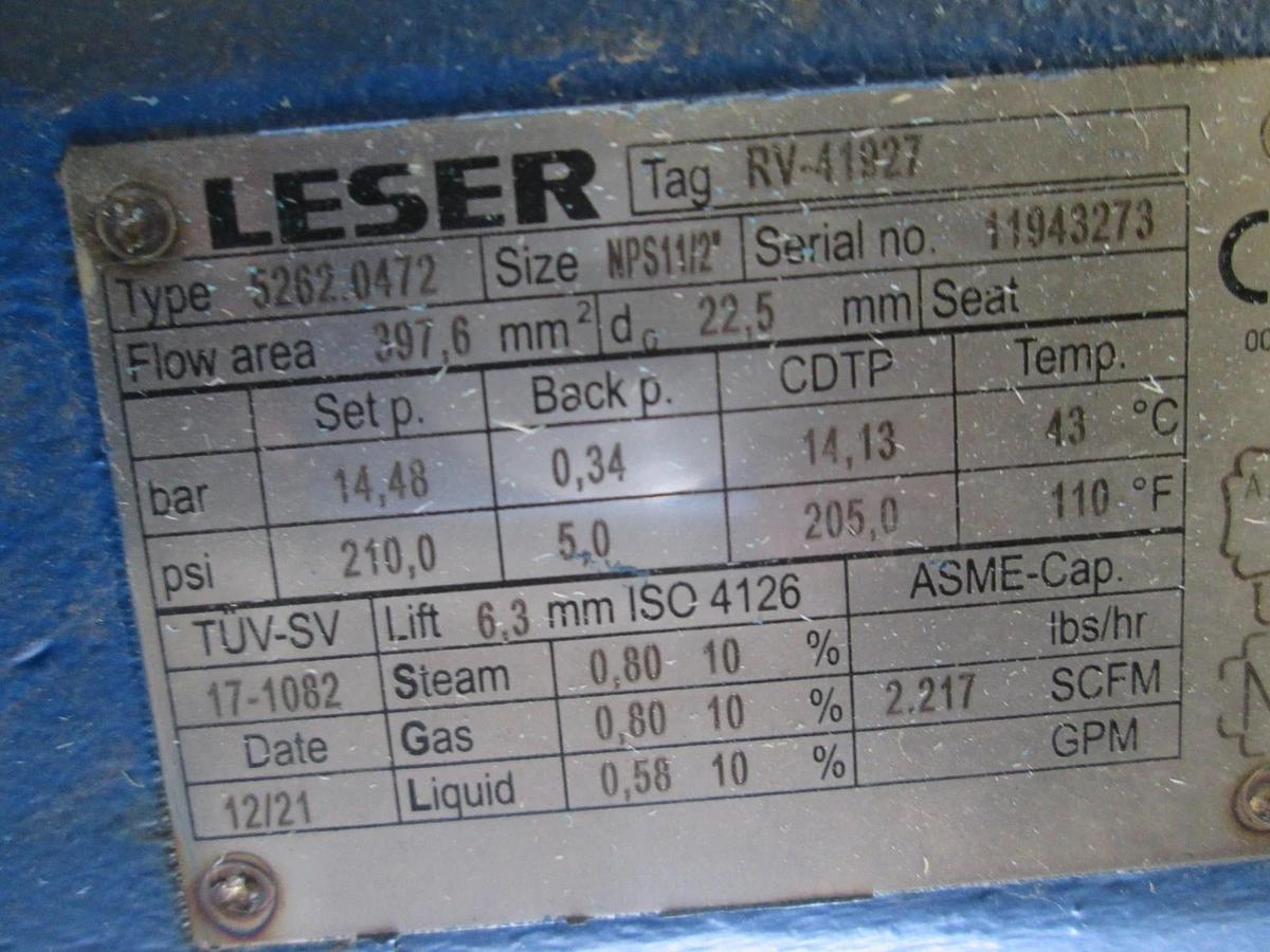 Used Leser, Pressure Relief Valve, 5262.0472, RV-41327, Size NPS11/2, Used