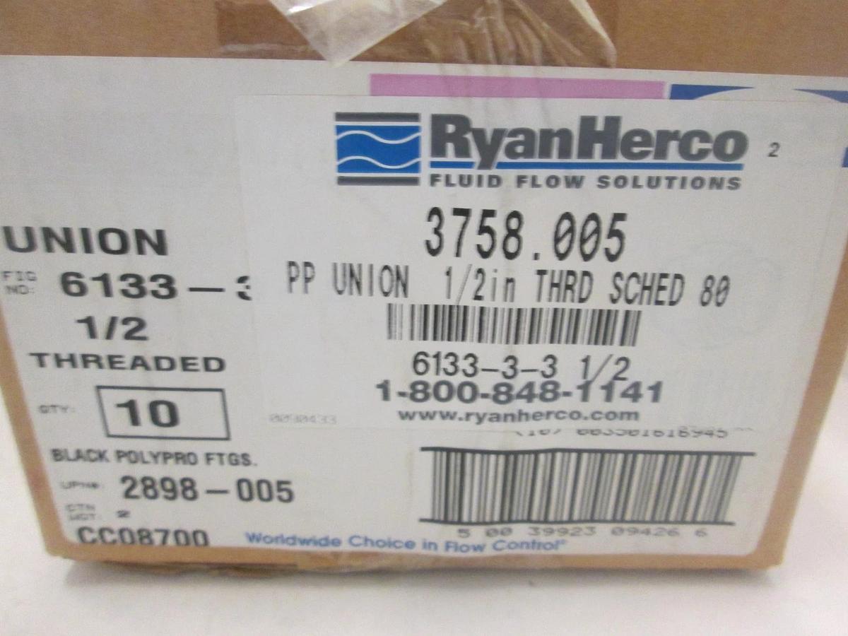 RYAN HERCO PRODUCTS, 3758-005, UNION, 1/2FNPT, BLACK POLYPRO, New, Lot of 10