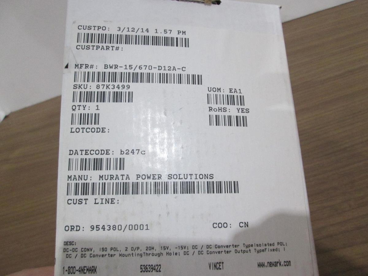 Murata Power Solutions, BWR-15/670-D12A-C, DC Converter, New