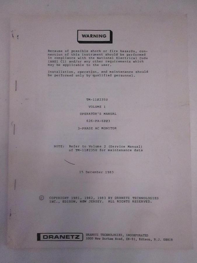 Used Dranetz TM-110235U Volume 1 Operator's Manual, Used