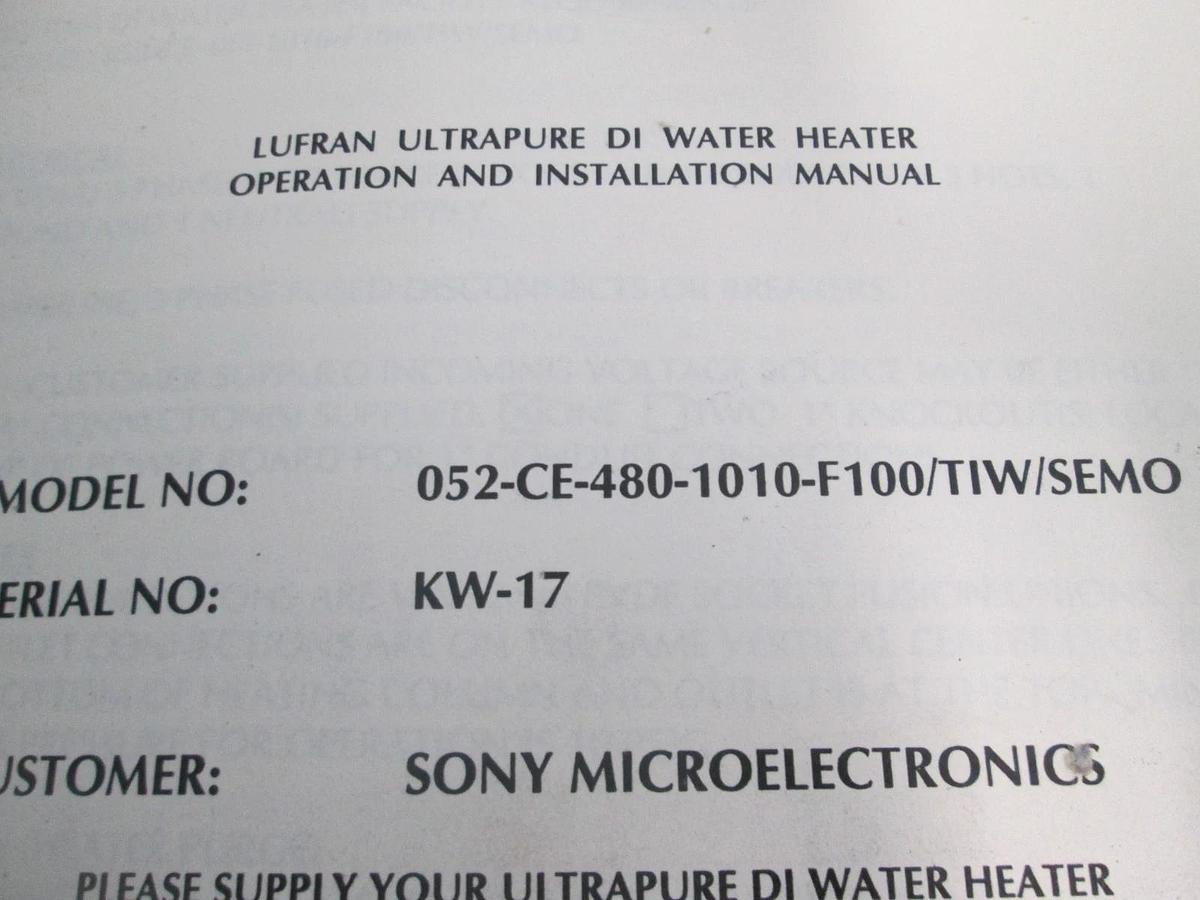 Used Lufran, 052-CE-480-1010-F100/TIW/SEMO, Water Heater Operation Manual, Used