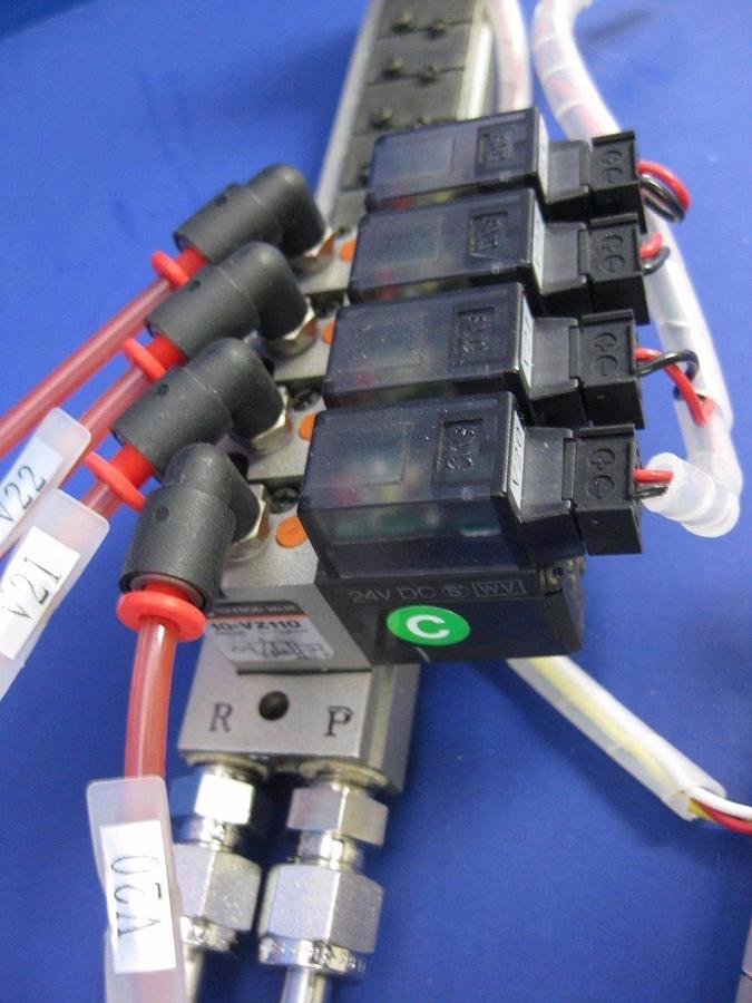 Used SMC 10-VZ110 Valve Assembly w/ 24 Valves, 2 Manifolds, Regulator, Press. Switch
