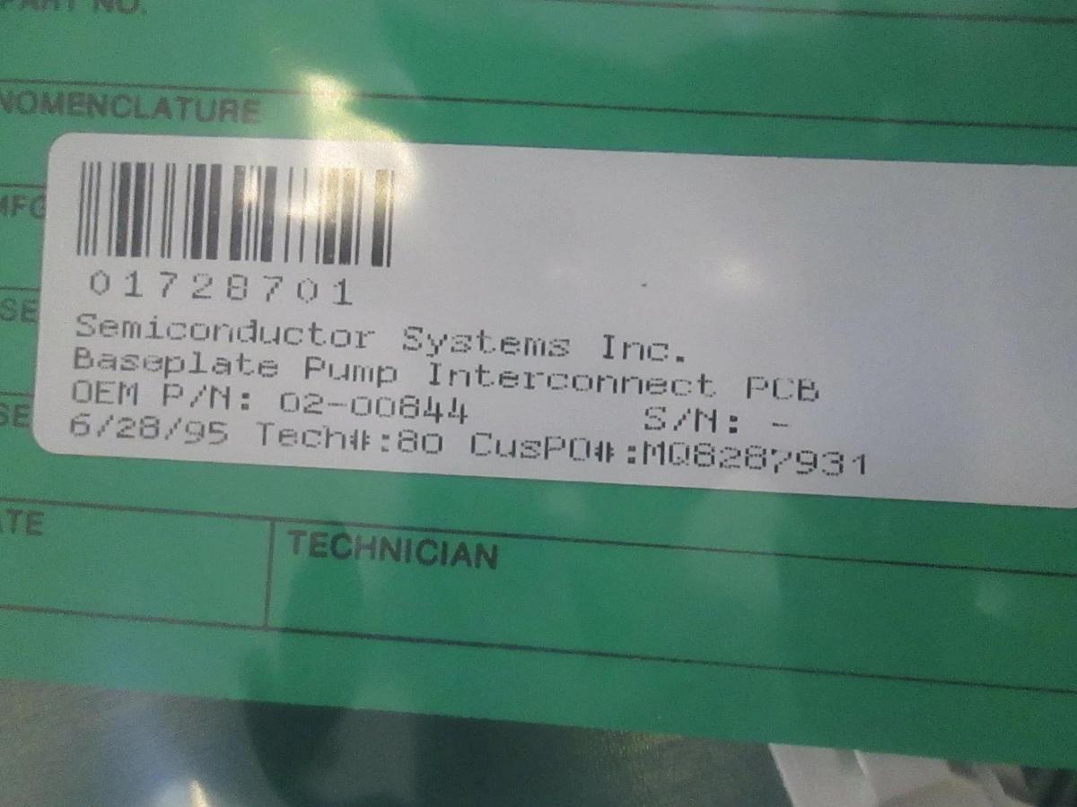 Used Semiconductor Systems Inc. Baseplate Pump Interconnect PCB, 02-00844, Rfrb