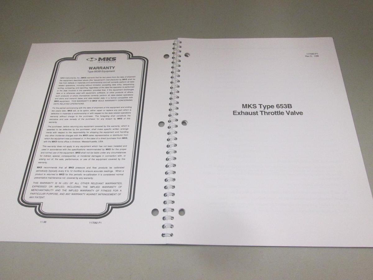 Used MKS, Type 653B Exhaust Throttle Valve Instruction Manual, 117082-P1, Used