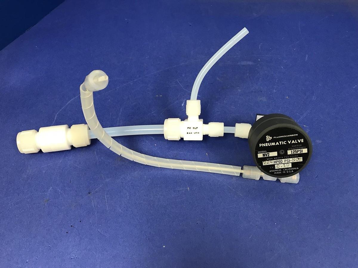 Used Fluorocarbon NV2-224 High Purity N.C. Pneumatic Valve, w/ Teflon Fittings