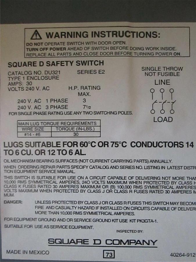 Used Square D Safety Switch DU321 Series E2, 30Amp, 240 VAC, Used