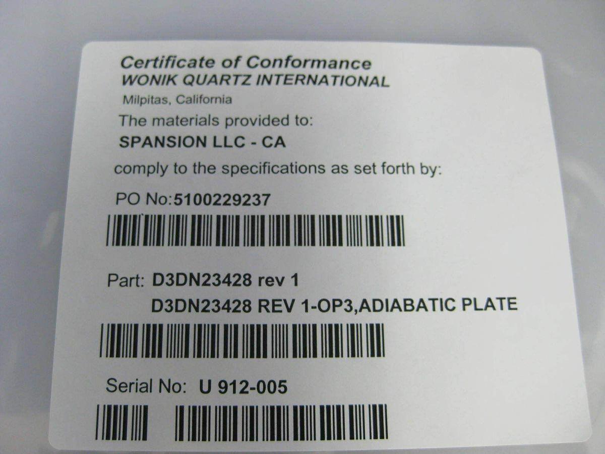 TEL Tokyo Electron 300mm Adiabatic Plate, Quartz, D3DN23428, New