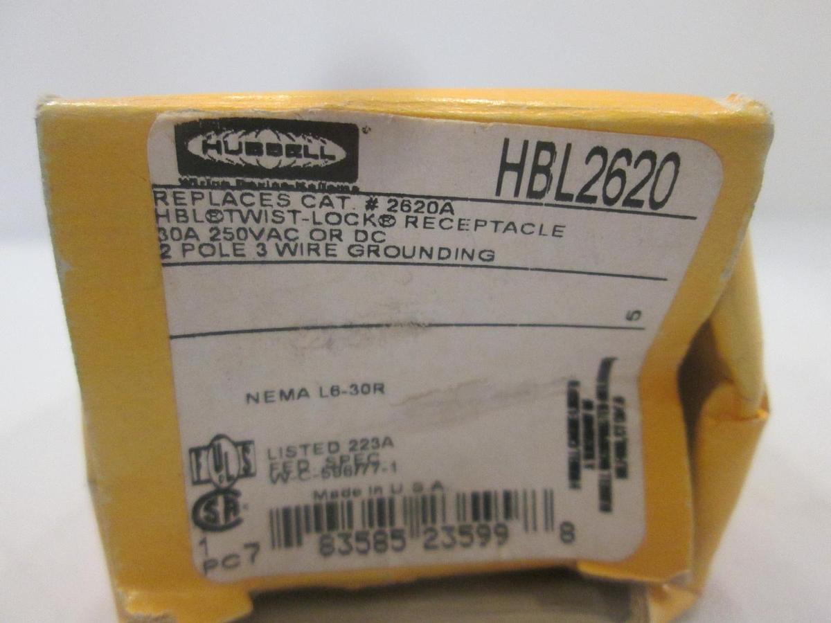Used Hubbell, HBL2620, Twist Lock Single Receptacle, 2 Pole, New