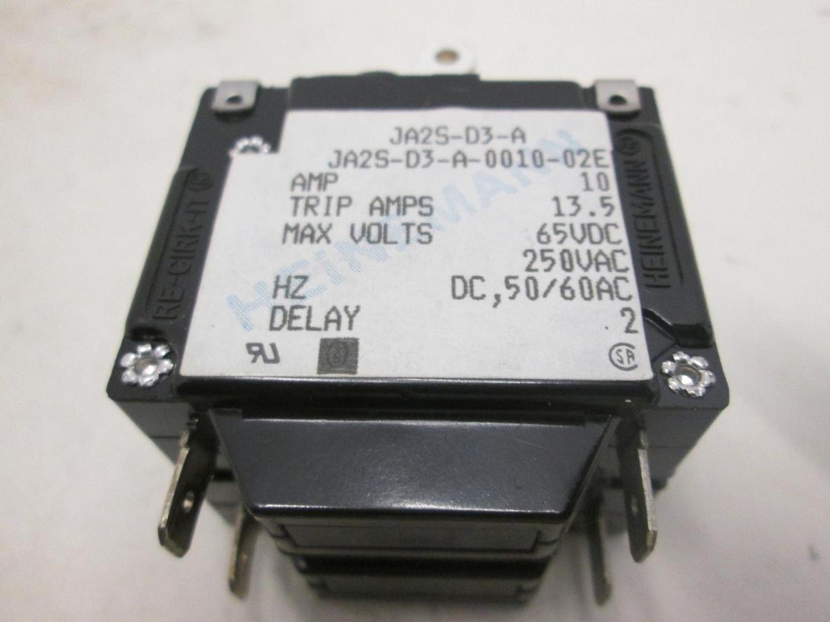 Used Heinemann JA2S-D3-A, 2 Pole Circuit Breaker Switch, 10A, 13.5A, 65VDC, Used