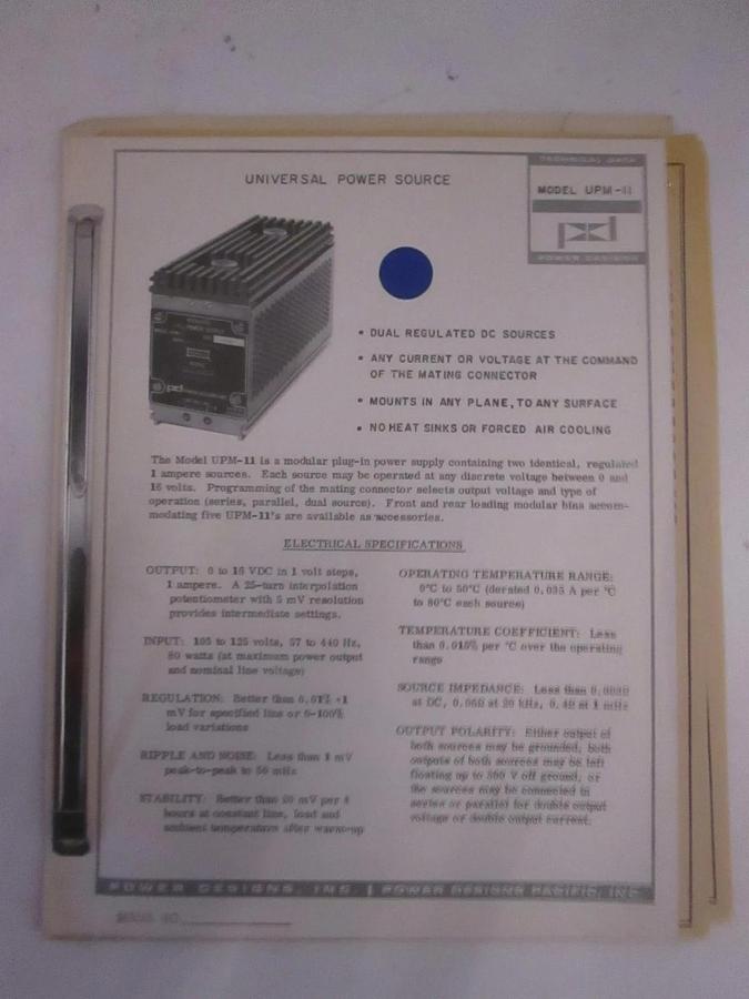 Used Power Designs Model UPM-11 Technical Data, Used