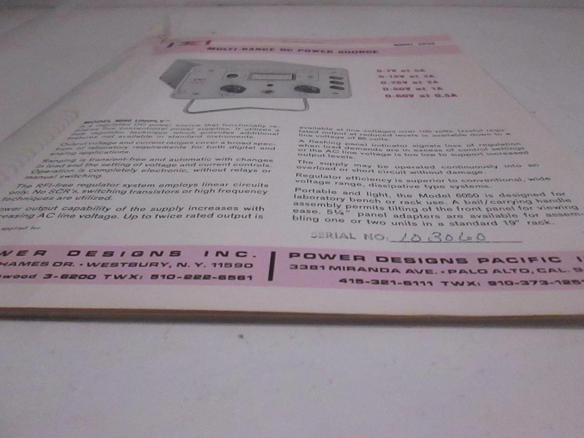 Used Power Designs Multi-Range DC Power Source Technical Data, Model 6050, Used