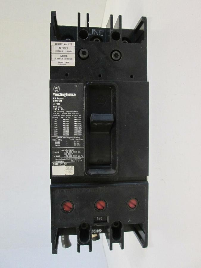 Used Westinghouse KB3250F Circuit Breaker, 600V 250A, 3 Pole