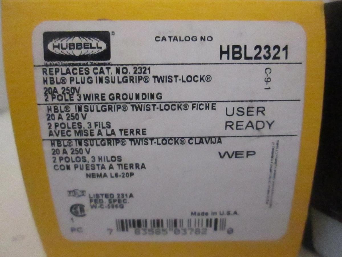 Hubbell L6-20 Locking Plug Twist Lock NEMA 20A 250V HBL2321, New