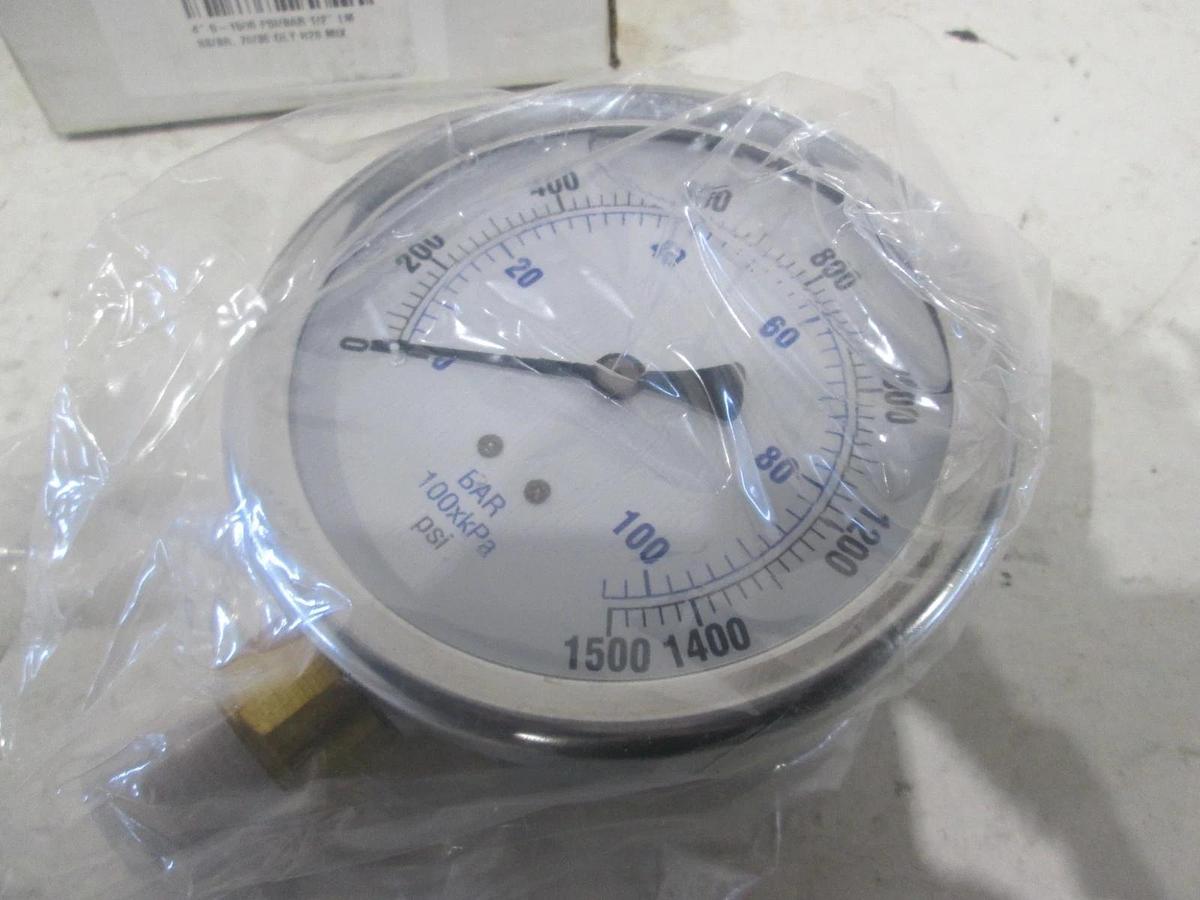 PIC Gauge, 201W-402N, 4", 0-1500 PSI/Bar 1/2" LM SS/BR, 70/30 GLY H20 Mix, New